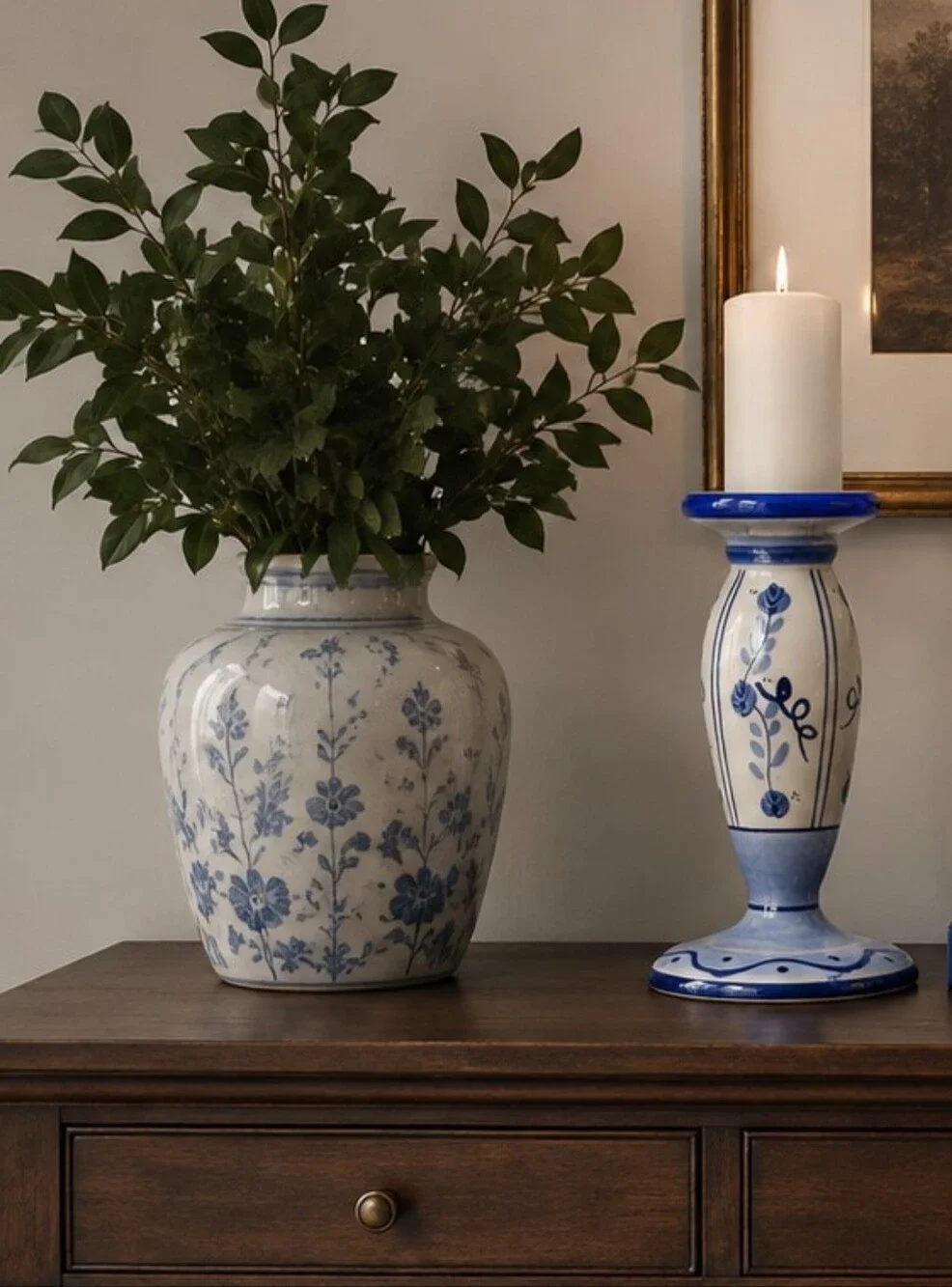 Vintage Blue & White Ceramic Floral Candlestick Holder - Home Accents